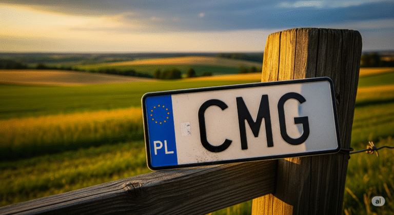 Polska tablica rejestracyjna z napisem CMG, lekko przykurzona, oparta o drewniany słupek od płotu. W tle rozmyty, malowniczy krajobraz rolniczych Kujaw z zielono-żółtymi polami pod szerokim niebem.