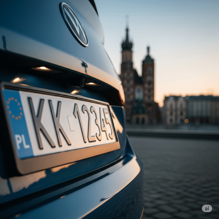 Nowa polska tablica rejestracyjna z wyróżnikiem KK na zderzaku nowoczesnego samochodu, na tle rozmytej panoramy Krakowa z widoczną Bazyliką Mariacką o zmierzchu.