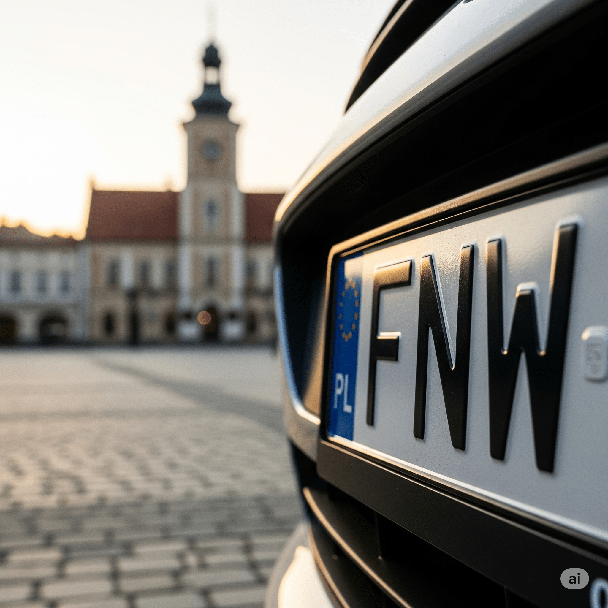 Zbliżenie na samochodową tablicę rejestracyjną z czarnymi literami FNW na białym tle i unijnym symbolem PL. W tle, w miękkim rozmyciu, widać skąpany w świetle złotej godziny Ratusz w Nowej Soli na brukowanym rynku.