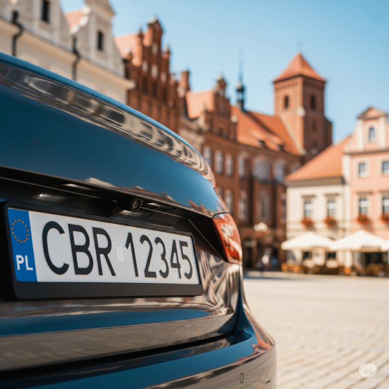 Zbliżenie na tylną, polską tablicę rejestracyjną z czarnymi literami CBR, zamontowaną na nowoczesnym, szarym samochodzie. W tle widać zarys Rynku w Brodnicy w słoneczny dzień, co wskazuje na miasto pochodzenia pojazdu.