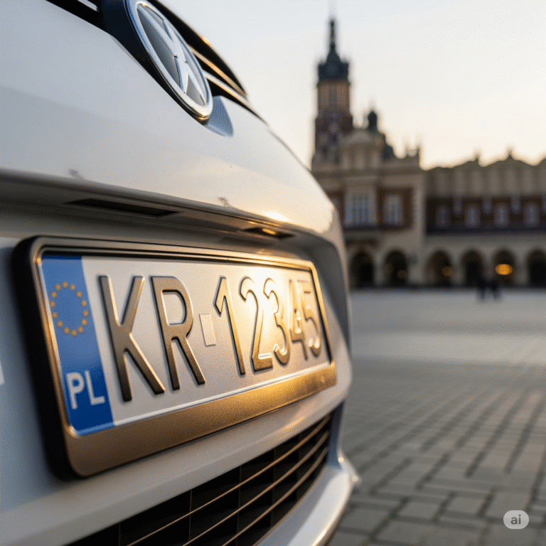 Zbliżenie na białą, polską tablicę rejestracyjną z numerem KR 12345. W tle, w delikatnym rozmyciu, widoczny jest krakowski Rynek Główny o zachodzie słońca.