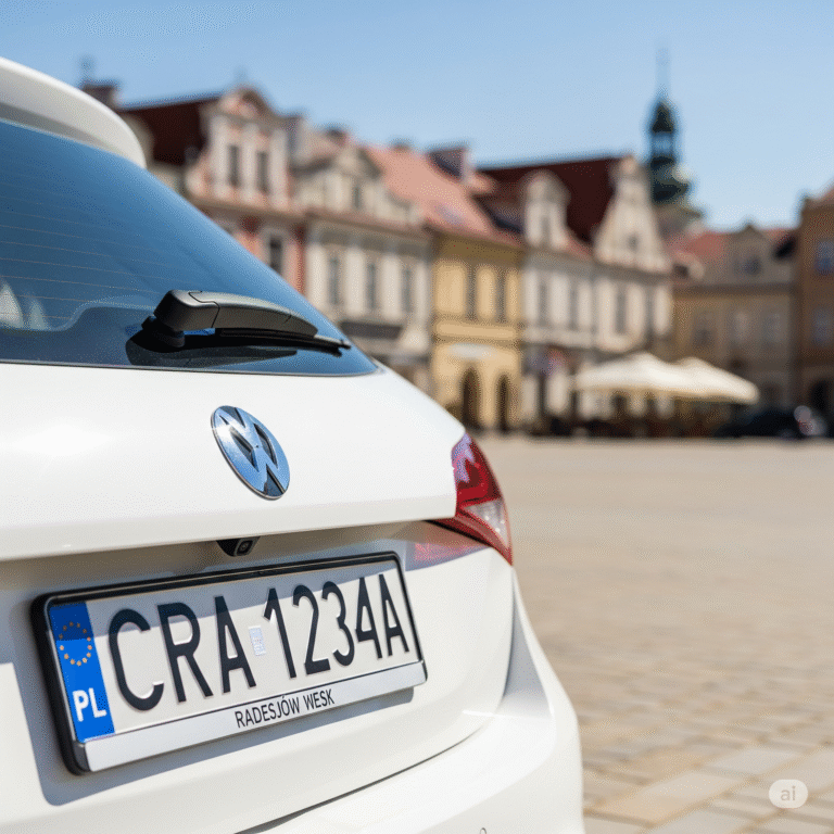 Zbliżenie na tylną tablicę rejestracyjną z numerem CRA 1234A. W tle widać rynek w Radziejowie w słoneczny dzień.