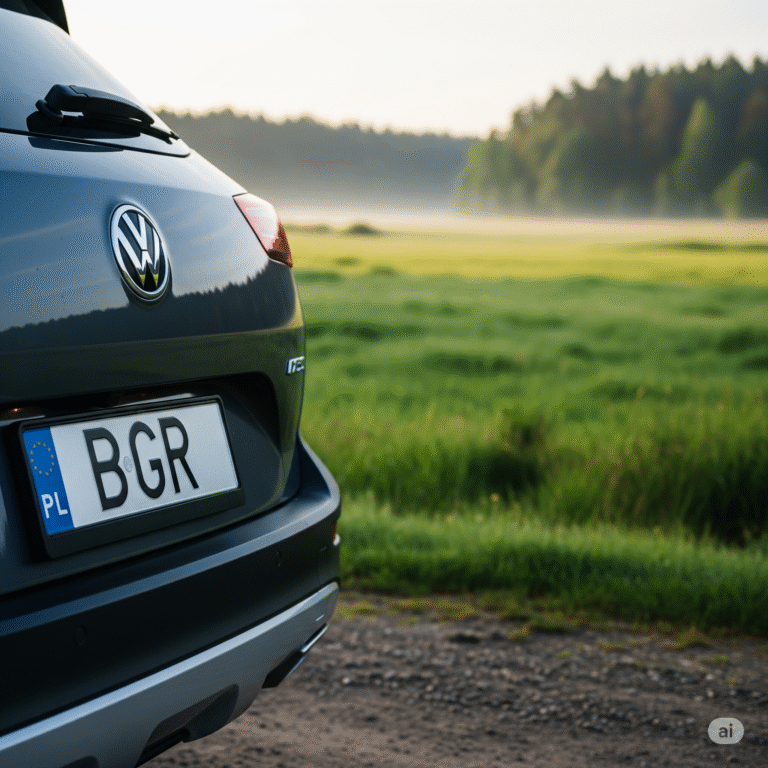 Zbliżenie na nowoczesną polską tablicę rejestracyjną z literami BGR. Tablica jest zamontowana na zderzaku SUV-a, zaparkowanego na poboczu wiejskiej drogi. W tle widać artystycznie rozmyty krajobraz pogranicza Podlasia i Mazur: rozległa, zielona łąka w stylu bagien biebrzańskich i skraj gęstego lasu. Scenę otula delikatne, poranne światło z mgłą unoszącą się nad łąką.