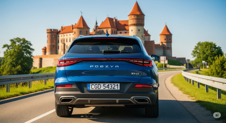 Tył ciemnoniebieskiego SUV-a z widoczną polską tablicą rejestracyjną 'CGD 54321', na tle historycznego Zamku Golubskiego w Golubiu-Dobrzyniu w słoneczny dzień.