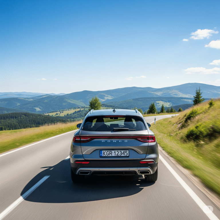Nowoczesny, srebrny SUV na krętej, asfaltowej drodze w Beskidzie Niskim. Na pierwszym planie widoczna jest tylna tablica rejestracyjna z wyróżnikiem KGR, wskazującym na powiat gorlicki.