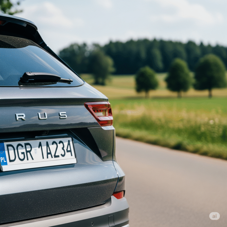 Tył nowoczesnego, ciemnoszarego SUV-a na wiejskiej drodze na Dolnym Śląsku, z idealnie widoczną polską tablicą rejestracyjną o numerze DGR 1A234, która identyfikuje pojazd jako zarejestrowany w powiecie górowskim.