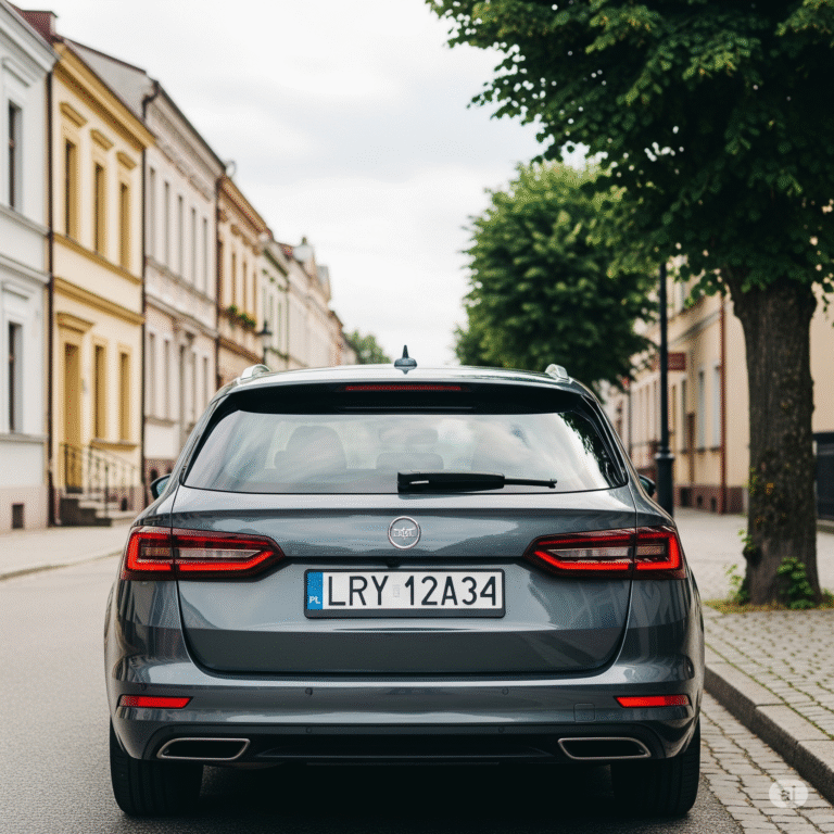 Zbliżenie na tył nowoczesnego, ciemnoszarego samochodu kombi z wyraźnie widoczną polską tablicą rejestracyjną LRY 12A34. Auto zaparkowane jest na spokojnej ulicy w małym polskim mieście, z klimatycznymi kamienicami w tle.