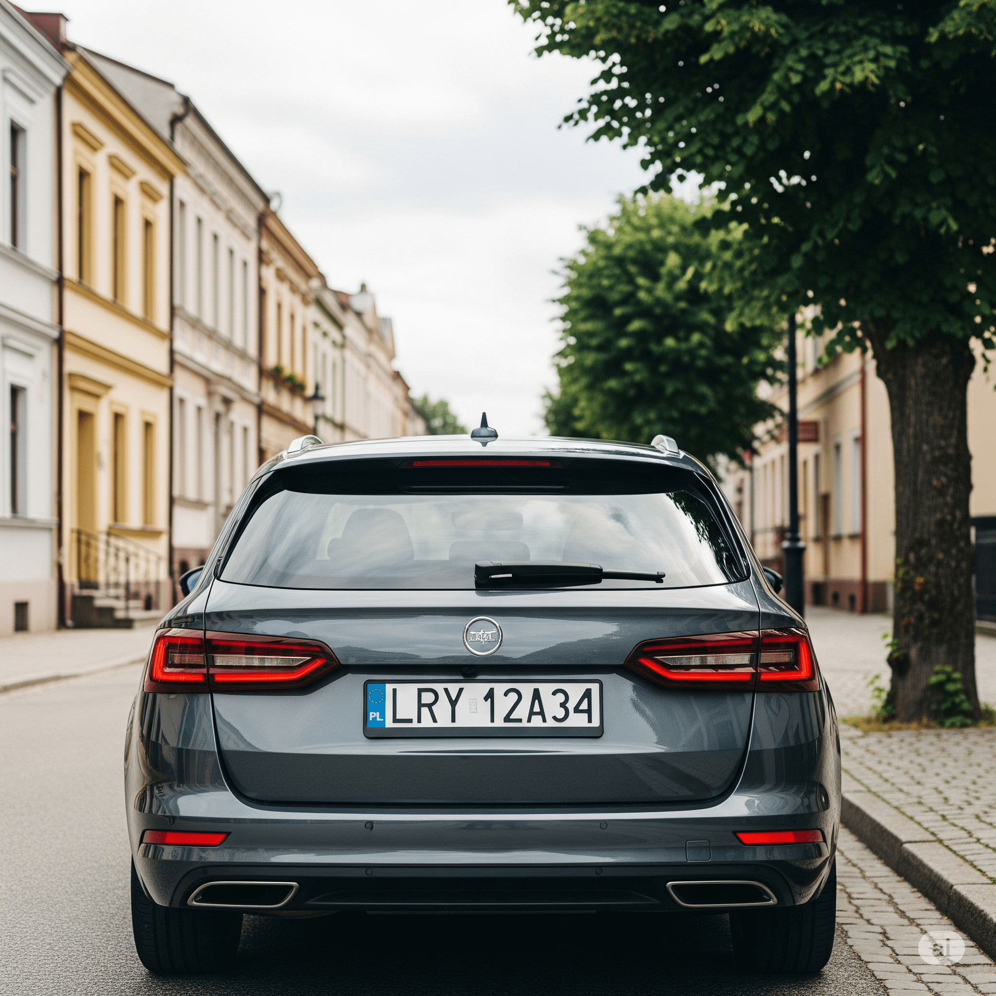 Zbliżenie na tył nowoczesnego, ciemnoszarego samochodu kombi z wyraźnie widoczną polską tablicą rejestracyjną LRY 12A34. Auto zaparkowane jest na spokojnej ulicy w małym polskim mieście, z klimatycznymi kamienicami w tle.