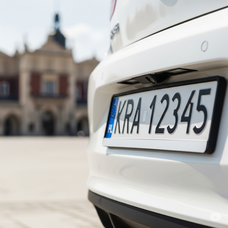 Zbliżenie na białą, polską tablicę rejestracyjną z wyraźnym numerem KRA 12345, zamontowaną na tyle nowoczesnego samochodu. W tle widać delikatnie rozmyty, słoneczny krakowski rynek.