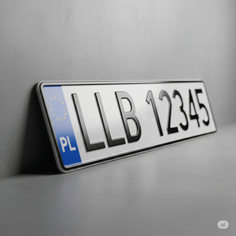 Zbliżenie na nową, polską tablicę rejestracyjną z wyróżnikiem LLB, opartą o szarą ścianę.