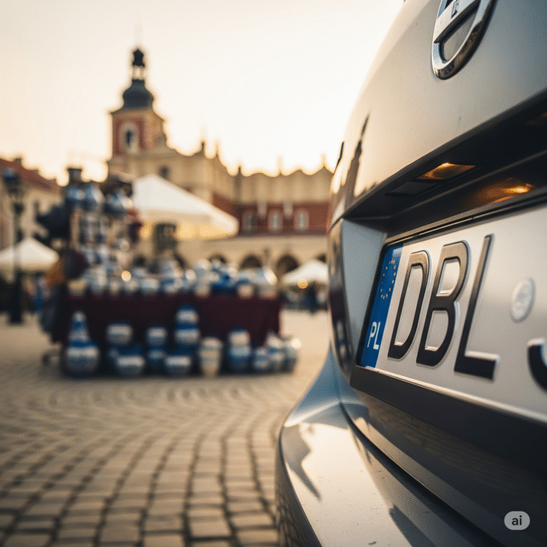 Tylna tablica rejestracyjna z literami DBL na samochodzie zaparkowanym na brukowanej ulicy w Bolesławcu. W tle widać stragan ze słynną, niebiesko-białą ceramiką bolesławiecką.