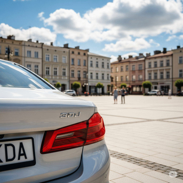 Tył nowoczesnego, srebrnego sedana z widoczną tablicą rejestracyjną KDA, zaparkowanego na zadbanym rynku w Dąbrowie Tarnowskiej.