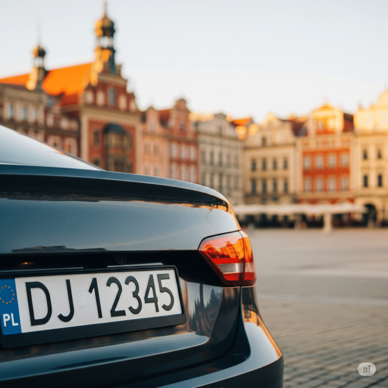Zbliżenie na tylną, polską tablicę rejestracyjną z wyróżnikiem DJ, należącą do samochodu zaparkowanego na tle malowniczego, zabytkowego rynku w Jeleniej Górze.