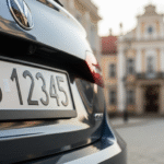 Tylna część nowoczesnego, grafitowego samochodu z wyraźnie widoczną polską tablicą rejestracyjną o numerze LB 12345. W tle rozmyta, malownicza ulica w Białej Podlaskiej.