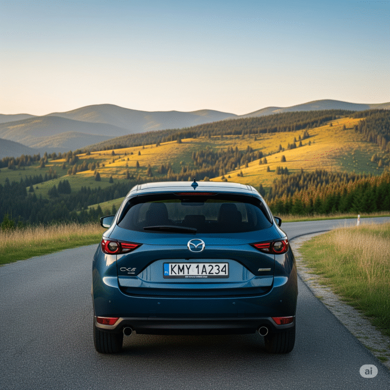 Tylna część nowoczesnego, granatowego SUV-a z polską tablicą rejestracyjną KMY 1A234, zaparkowanego na malowniczej drodze w Beskidach w okolicach Myślenic w świetle zachodzącego słońca.
