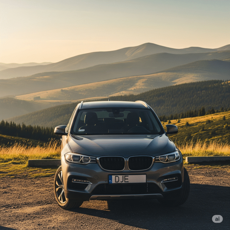 Nowoczesny SUV z białą polską tablicą rejestracyjną DJE, zaparkowany na punkcie widokowym z panoramą na góry i dolinę Karkonoszy w tle, w złotym świetle późnego popołudnia.