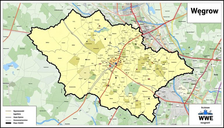 Mapa powiatu węgrowskiego z oznaczeniem WWE na tablicy rejestracyjnej