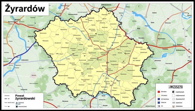 Mapa powiatu żyrardowskiego z oznaczeniem WZY na tablicy rejestracyjnej
