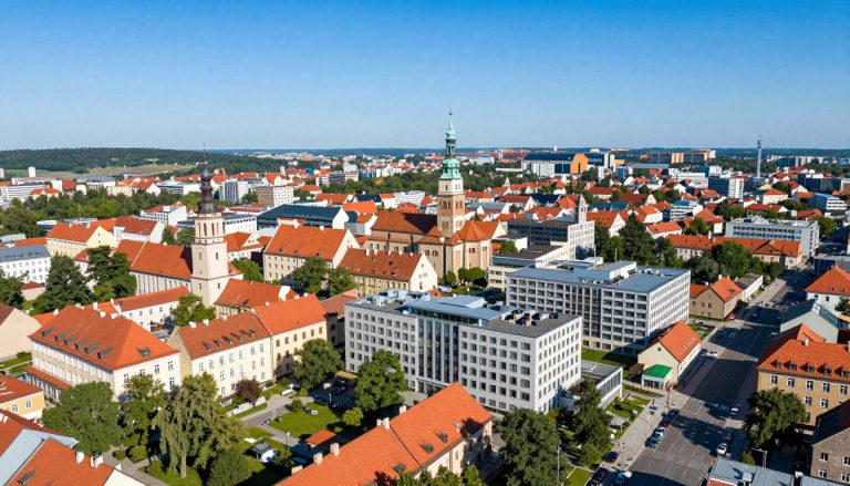 Panorama miasta Koszalin z lotu ptaka, widoczne centrum miasta z rejestracja ZK