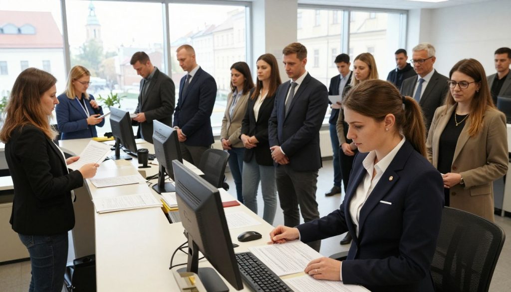 A bustling office scene illustrating the vehicle registration process in Poznań, Poland. In the foreground, a professional-looking female clerk in business attire is assisting a customer at a reception desk filled with registration forms and a computer. The middle layer shows a diverse group of individuals patiently waiting in line, some holding paperwork, all dressed neatly. The background features a large window allowing natural light to flood the room, revealing a view of Poznań's historical architecture. The atmosphere is organized yet busy, reflecting the efficient flow of paperwork. The image is taken with a wide-angle lens to capture the depth of the room and highlights the interactions, conveying a sense of professionalism and community engagement in the registration process. A bustling office scene illustrating the vehicle registration process in Poznań, Poland. In the foreground, a professional-looking female clerk in business attire is assisting a customer at a reception desk filled with registration forms and a computer. The middle layer shows a diverse group of individuals patiently waiting in line, some holding paperwork, all dressed neatly. The background features a large window allowing natural light to flood the room, revealing a view of Poznań's historical architecture. The atmosphere is organized yet busy, reflecting the efficient flow of paperwork. The image is taken with a wide-angle lens to capture the depth of the room and highlights the interactions, conveying a sense of professionalism and community engagement in the registration process.