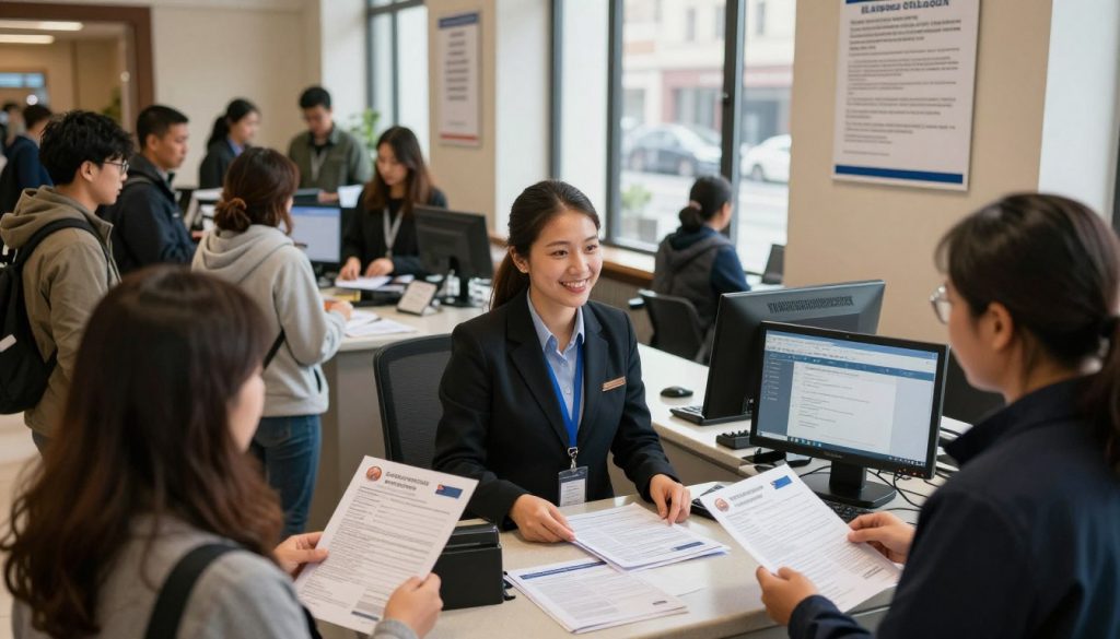 A busy city hall interior during the vehicle registration process. In the foreground, a friendly clerk in professional attire assists a diverse group of individuals, each presenting their vehicle documents. The middle ground features a counter with registration materials, forms, and a computer screen displaying vehicle information. Light streams through large windows, creating a warm and welcoming atmosphere. The background shows other citizens waiting in line, with posters outlining the registration process. The scene captures a sense of organization and efficiency, emphasizing the importance of civic duty. The overall mood is positive and proactive, with a focus on community engagement and service.