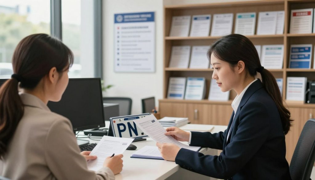 A busy office environment showcasing the registration process for vehicle plates labeled PN. In the foreground, a professional woman in business attire sits at a desk, attentively handling paperwork and speaking with a client, who appears interested and engaged. In the middle ground, the office features a lobby area with a clear information board displaying relevant topics about vehicle registration. The backdrop should include shelves with registration documents and brochures, contributing to an organized atmosphere. Soft, natural lighting streams through large windows, casting a warm glow across the scene. Capture the sense of professionalism, clarity, and helpfulness in the air, emphasizing a place where individuals seek important vehicle registration information. A busy office environment showcasing the registration process for vehicle plates labeled PN. In the foreground, a professional woman in business attire sits at a desk, attentively handling paperwork and speaking with a client, who appears interested and engaged. In the middle ground, the office features a lobby area with a clear information board displaying relevant topics about vehicle registration. The backdrop should include shelves with registration documents and brochures, contributing to an organized atmosphere. Soft, natural lighting streams through large windows, casting a warm glow across the scene. Capture the sense of professionalism, clarity, and helpfulness in the air, emphasizing a place where individuals seek important vehicle registration information.