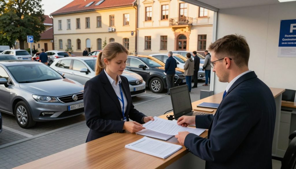 A busy vehicle registration office in Kalisz, Poland, capturing the registration process of a newly purchased car. In the foreground, a professional-looking individual in business attire is interacting with a civil servant behind a sleek wooden counter, filled with registration documents and forms. The middle ground features a line of various cars parked outside the office, showcasing different makes and models, while a few people wait patiently in line. The background depicts the charming architecture typical of Kalisz, with warm, inviting lighting spilling in through large windows, reflecting the late afternoon sun. The atmosphere is one of efficiency and professionalism, emphasizing the importance of the car registration process. A busy vehicle registration office in Kalisz, Poland, capturing the registration process of a newly purchased car. In the foreground, a professional-looking individual in business attire is interacting with a civil servant behind a sleek wooden counter, filled with registration documents and forms. The middle ground features a line of various cars parked outside the office, showcasing different makes and models, while a few people wait patiently in line. The background depicts the charming architecture typical of Kalisz, with warm, inviting lighting spilling in through large windows, reflecting the late afternoon sun. The atmosphere is one of efficiency and professionalism, emphasizing the importance of the car registration process.