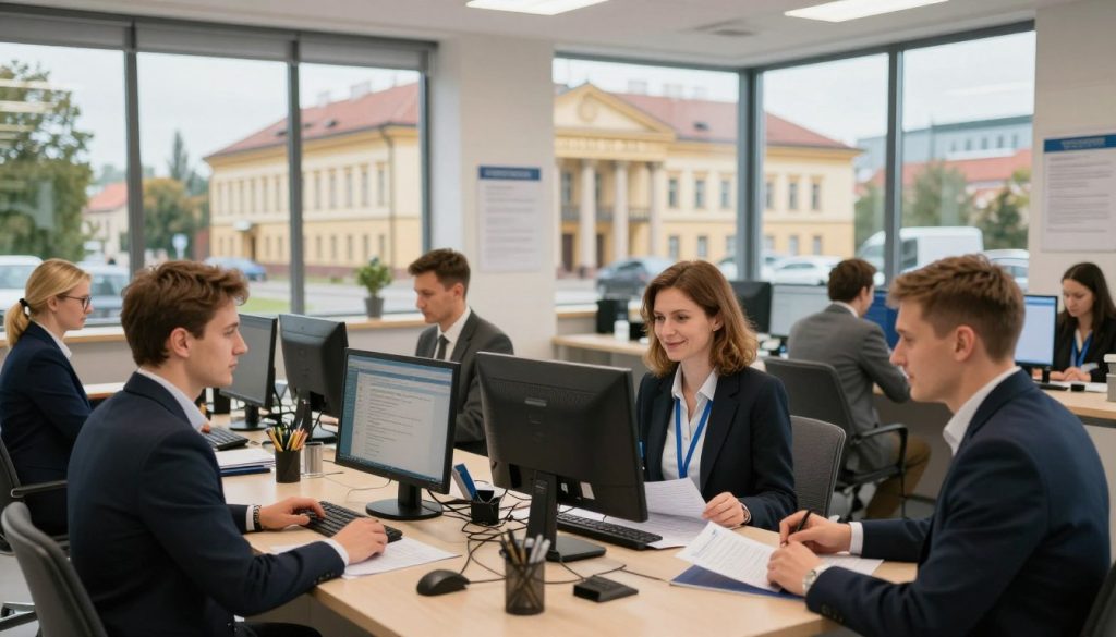 A busy vehicle registration office in Poznań, Poland, showcasing a modern and organized environment. In the foreground, a diverse group of professionals in business attire interacts with customers, portraying a friendly and efficient atmosphere. The middle ground features desks with computers and paperwork related to vehicle registration, emphasizing the process of registration. The background reveals the exterior of a distinctively Polish government building, with recognizable architectural elements unique to Poznań. The scene is warmly lit, creating an inviting mood, with natural light filtering through large windows. The perspective is slightly angled to provide depth, capturing the bustling nature of the office while maintaining focus on the registration theme.