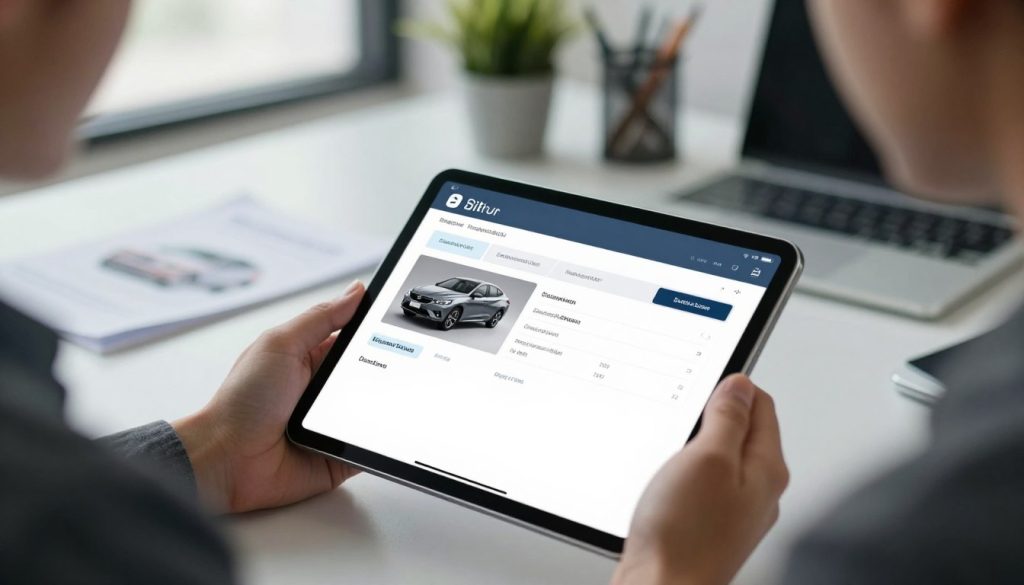 A close-up image of a professional office setting where an individual in business attire is examining a digital tablet displaying a vehicle registration verification interface. The foreground features the tablet with a clear view of the registration details, showcasing a modern design, like a sleek UI with vehicle images and registration data. In the middle, a blurred office background includes a desk with vehicle-related documents, a laptop, and a potted plant, giving a sense of an organized workspace. The lighting is soft and natural, streaming through a window, creating a calm and focused atmosphere. The angle is slightly tilted down, emphasizing the tablet and the verifying process, capturing the importance of checking vehicle registrations.