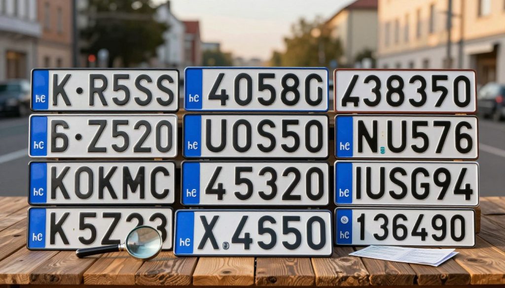 A collection of Polish license plates displayed artistically on a rustic wooden background. The foreground features various valid registration plates from different Polish provinces, showcasing diverse designs and colors, with a focus on clarity and authenticity. Each plate is unique, highlighting the regional symbols and district codes. In the middle, subtly arranged tools like a magnifying glass and a vehicle registration card give a sense of inquiry and examination, symbolizing the process of checking vehicle registration details. The background features a blurred city street scene during the golden hour, casting warm light and soft shadows, creating an inviting and informative atmosphere. The overall mood is professional and educational, aimed at enhancing understanding of vehicle registration in Poland. A collection of Polish license plates displayed artistically on a rustic wooden background. The foreground features various valid registration plates from different Polish provinces, showcasing diverse designs and colors, with a focus on clarity and authenticity. Each plate is unique, highlighting the regional symbols and district codes. In the middle, subtly arranged tools like a magnifying glass and a vehicle registration card give a sense of inquiry and examination, symbolizing the process of checking vehicle registration details. The background features a blurred city street scene during the golden hour, casting warm light and soft shadows, creating an inviting and informative atmosphere. The overall mood is professional and educational, aimed at enhancing understanding of vehicle registration in Poland.