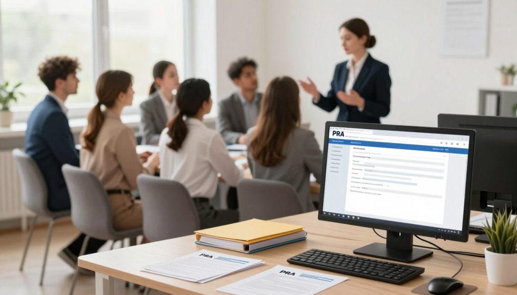 A detailed illustration of the registration process for the PRA in the Rawicz County, showcasing a professional office environment. In the foreground, depict a well-organized desk with folders and documents related to PRA registration, alongside a computer displaying registration forms. In the middle ground, show a diverse group of individuals dressed in business attire engaging in a consultation with a knowledgeable clerk, who is explaining the process. The background features a large window that allows natural light to flood the office, enhancing the atmosphere of professionalism and transparency. The overall mood should be one of collaboration and clarity, with soft, warm lighting to create an inviting yet focused environment. A detailed illustration of the registration process for the PRA in the Rawicz County, showcasing a professional office environment. In the foreground, depict a well-organized desk with folders and documents related to PRA registration, alongside a computer displaying registration forms. In the middle ground, show a diverse group of individuals dressed in business attire engaging in a consultation with a knowledgeable clerk, who is explaining the process. The background features a large window that allows natural light to flood the office, enhancing the atmosphere of professionalism and transparency. The overall mood should be one of collaboration and clarity, with soft, warm lighting to create an inviting yet focused environment.