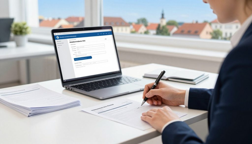 A detailed illustration of the registration process for vehicle identification numbers (PMI) in Międzychód, Poland. In the foreground, a professional individual in business attire is seated at a modern desk, focused on filling out registration forms with a pen. The middle ground features open documents, a laptop displaying digital registration options, and a small stack of paperwork. In the background, the office environment is bright and organized, with a window showing a view of Międzychód's town center and a clear blue sky, creating an inviting atmosphere. Soft, natural lighting enhances the scene, emphasizing a sense of professionalism and clarity. The angle is slightly elevated, providing a comprehensive view of the registration setup without any distractions or textual elements. A detailed illustration of the registration process for vehicle identification numbers (PMI) in Międzychód, Poland. In the foreground, a professional individual in business attire is seated at a modern desk, focused on filling out registration forms with a pen. The middle ground features open documents, a laptop displaying digital registration options, and a small stack of paperwork. In the background, the office environment is bright and organized, with a window showing a view of Międzychód's town center and a clear blue sky, creating an inviting atmosphere. Soft, natural lighting enhances the scene, emphasizing a sense of professionalism and clarity. The angle is slightly elevated, providing a comprehensive view of the registration setup without any distractions or textual elements.