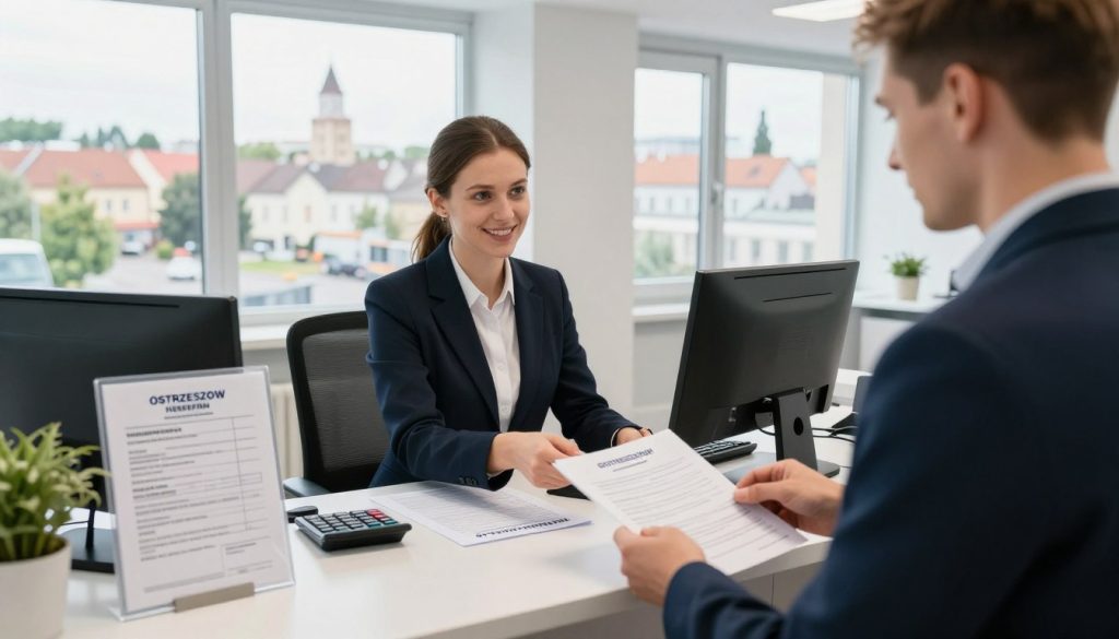 A detailed scene depicting the vehicle registration process in Ostrzeszów, Poland. In the foreground, a professional-looking office setting with a reception desk and a friendly office worker in business attire assisting a customer with paperwork. In the middle area, a clear view of a registration counter, showing various forms, calculators, and an official vehicle document on display. The background features a large window with a view of the cityscape of Ostrzeszów, including recognizable landmarks. Bright, natural lighting illuminates the space, creating a welcoming atmosphere. The angle is slightly tilted to include both the desk interaction and the city view beyond, giving a sense of process and environment. A detailed scene depicting the vehicle registration process in Ostrzeszów, Poland. In the foreground, a professional-looking office setting with a reception desk and a friendly office worker in business attire assisting a customer with paperwork. In the middle area, a clear view of a registration counter, showing various forms, calculators, and an official vehicle document on display. The background features a large window with a view of the cityscape of Ostrzeszów, including recognizable landmarks. Bright, natural lighting illuminates the space, creating a welcoming atmosphere. The angle is slightly tilted to include both the desk interaction and the city view beyond, giving a sense of process and environment.