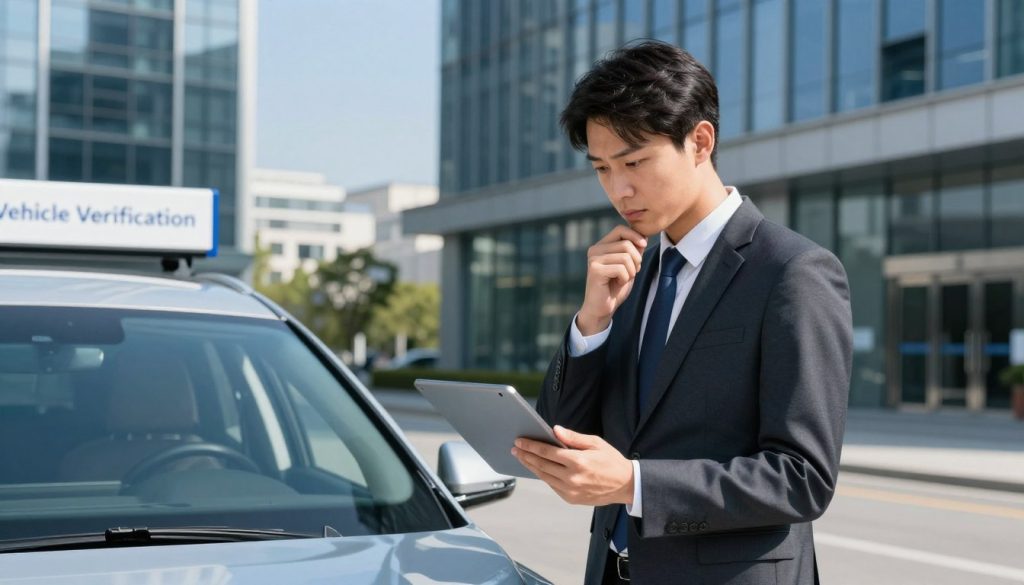 A detailed scene showcasing a vehicle verification process, set in a modern urban environment. In the foreground, a professional in a smart business suit inspects a sleek, contemporary car with a digital tablet in hand, looking thoughtful. In the middle ground, a bright blue sky contrasts with the modern glass buildings reflecting sunlight, emphasizing a sense of trust and security in the vehicle registration process. To the background, clear signage indicating “Vehicle Verification” is subtly blended into the architectural ambiance, enhancing the focus on the inspection activity without being overpowering. Bright, natural lighting casts soft shadows, creating a professional yet approachable atmosphere. The mood should feel diligent and informative, capturing the importance of knowing a vehicle's history. A detailed scene showcasing a vehicle verification process, set in a modern urban environment. In the foreground, a professional in a smart business suit inspects a sleek, contemporary car with a digital tablet in hand, looking thoughtful. In the middle ground, a bright blue sky contrasts with the modern glass buildings reflecting sunlight, emphasizing a sense of trust and security in the vehicle registration process. To the background, clear signage indicating “Vehicle Verification” is subtly blended into the architectural ambiance, enhancing the focus on the inspection activity without being overpowering. Bright, natural lighting casts soft shadows, creating a professional yet approachable atmosphere. The mood should feel diligent and informative, capturing the importance of knowing a vehicle's history.