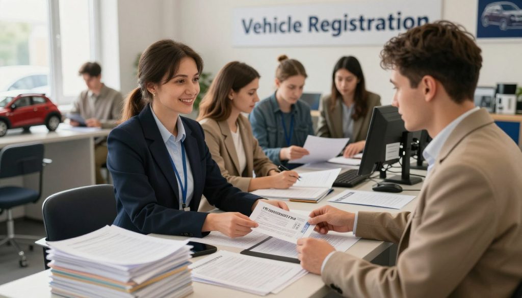A detailed view of the vehicle registration process in the Poznań County. In the foreground, show a friendly, professional clerk assisting a diverse group of individuals, all dressed in modest business attire, at a registration counter surrounded by stacks of paperwork and various vehicle models. The middle section features a busy office environment with people discussing documents, and a sign indicating 'Vehicle Registration' in Polish. In the background, include a window with natural light streaming in, illuminating the room and creating a welcoming atmosphere. The scene is depicted in a realistic style, capturing the essence of an efficient public service office, emphasizing professionalism and accessibility. The lighting is warm and inviting, reinforcing a mood of supportive service.