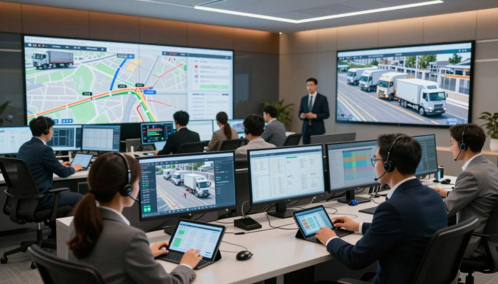 A modern logistics control room featuring a diverse team of professionals, dressed in smart business attire, actively monitoring a fleet of delivery trucks on multiple large screens. In the foreground, a focused woman analyzes real-time data on a tablet, while a man gives instructions over a headset. The middle layer showcases large digital maps and routes displayed on screens, illustrating live tracking of delivery vehicles. The background is a sleek, contemporary office space with ambient lighting, enhancing productivity and collaboration. The atmosphere is one of urgency and efficiency, with warm tones that evoke a sense of professionalism and teamwork. The composition is shot with a slightly elevated angle to capture the bustling activity in the control room. A modern logistics control room featuring a diverse team of professionals, dressed in smart business attire, actively monitoring a fleet of delivery trucks on multiple large screens. In the foreground, a focused woman analyzes real-time data on a tablet, while a man gives instructions over a headset. The middle layer showcases large digital maps and routes displayed on screens, illustrating live tracking of delivery vehicles. The background is a sleek, contemporary office space with ambient lighting, enhancing productivity and collaboration. The atmosphere is one of urgency and efficiency, with warm tones that evoke a sense of professionalism and teamwork. The composition is shot with a slightly elevated angle to capture the bustling activity in the control room.