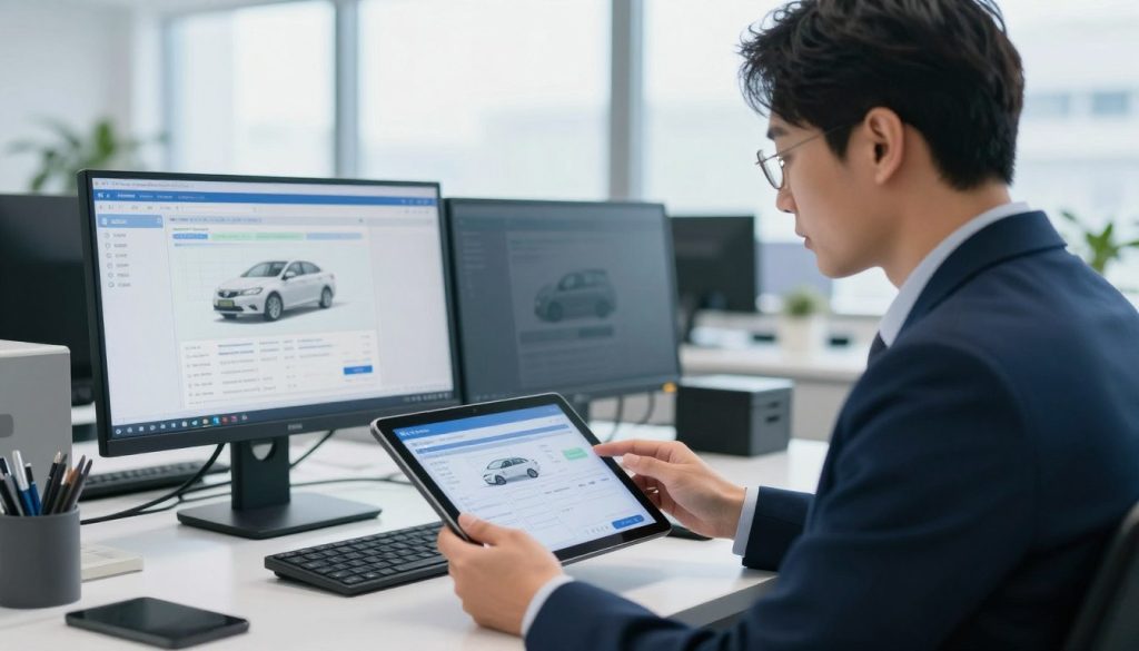 A modern office environment focusing on a vehicle verification process. In the foreground, a professional person dressed in business attire is examining a digital tablet displaying vehicle data, with a look of concentration. In the middle ground, a sleek computer workstation with multiple screens shows detailed graphs and statistics related to automobile registration. The background features a large window letting in soft natural light, illuminating the space and creating a warm, professional atmosphere. The colors are predominantly blue and white, conveying trust and reliability. The image captures a mood of diligence and precision, essential for the verification process in the context of POB registration. A modern office environment focusing on a vehicle verification process. In the foreground, a professional person dressed in business attire is examining a digital tablet displaying vehicle data, with a look of concentration. In the middle ground, a sleek computer workstation with multiple screens shows detailed graphs and statistics related to automobile registration. The background features a large window letting in soft natural light, illuminating the space and creating a warm, professional atmosphere. The colors are predominantly blue and white, conveying trust and reliability. The image captures a mood of diligence and precision, essential for the verification process in the context of POB registration.