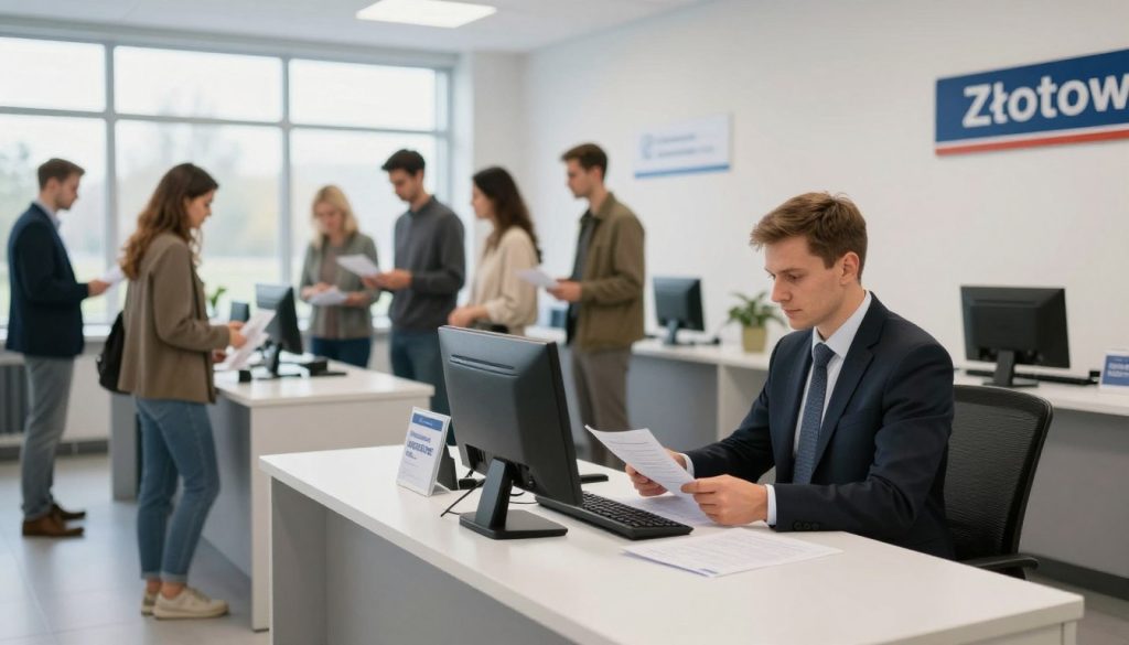 A modern vehicle registration office in Złot&oacute;w, Poland, capturing the essence of bureaucratic efficiency. In the foreground, a sleek, contemporary desk where a professional, modestly dressed clerk assists a customer, who is also in business attire. The middle ground features a line of people waiting patiently, papers in hand, showcasing the process of vehicle registration. The background shows large windows with natural light flooding in, illuminating the space and enhancing the welcoming atmosphere. Soft colors dominate the interior, accented with subtle signage indicating registration procedures. Use a wide-angle lens to encompass the hustle of the office while maintaining focus on the interactions, conveying a sense of diligence and clarity in the vehicle registration process.
