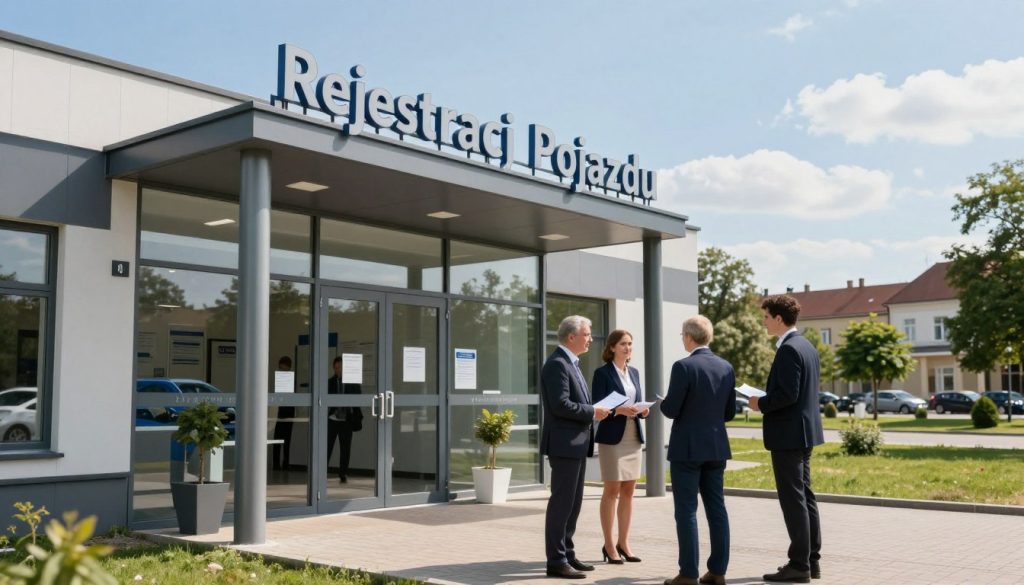 A picturesque scene of the "Rejestracja Pojazdu" office in Jarocin, Poland. In the foreground, a modern building with sleek architecture featuring glass and metal elements, symbolizing efficiency and transparency. Above the entrance, a stylized sign showcases "Rejestracja Pojazdu". In the middle ground, individuals dressed in professional business attire are engaged in conversations, with one person holding vehicle documentation, conveying a sense of purpose and professionalism. The background includes bright blue skies and a well-maintained city park, highlighting the inviting community environment of Jarocin. Soft, natural lighting enhances the scene, creating a warm and welcoming atmosphere, reminiscent of a busy day in a helpful municipal office. The perspective is slightly angled up towards the building, giving it an impressive presence.