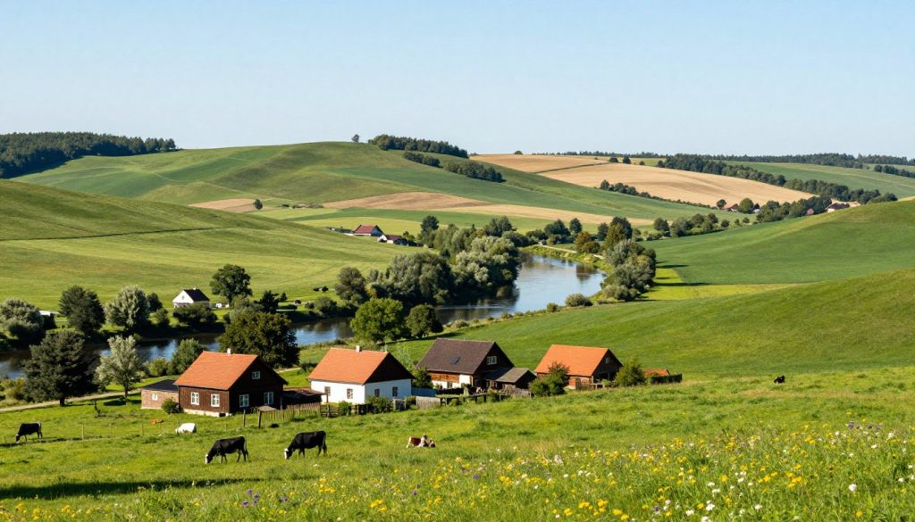 A picturesque view of Powiat Strzelecki in Opole Voivodeship, Poland, showcasing rolling green hills and serene landscapes. In the foreground, a peaceful rural scene with quaint houses, grazing livestock, and blooming wildflowers. The middle ground features a winding river reflecting the clear blue sky, bordered by lush trees. Rolling hills rise gently in the background, with distant farmland and occasional patches of forest. The sky is bright and sunny, creating a warm and inviting atmosphere. Soft lighting enhances the natural beauty of the region, casting gentle shadows. Optional elements like a lone cyclist or a family enjoying a picnic can add a sense of community and leisure. Aim for a wide-angle perspective to encapsulate the essence of this charming Polish region. A picturesque view of Powiat Strzelecki in Opole Voivodeship, Poland, showcasing rolling green hills and serene landscapes. In the foreground, a peaceful rural scene with quaint houses, grazing livestock, and blooming wildflowers. The middle ground features a winding river reflecting the clear blue sky, bordered by lush trees. Rolling hills rise gently in the background, with distant farmland and occasional patches of forest. The sky is bright and sunny, creating a warm and inviting atmosphere. Soft lighting enhances the natural beauty of the region, casting gentle shadows. Optional elements like a lone cyclist or a family enjoying a picnic can add a sense of community and leisure. Aim for a wide-angle perspective to encapsulate the essence of this charming Polish region.