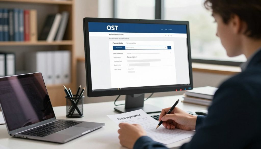 A professional office setting focused on vehicle registration, featuring a modern computer workstation with a sleek monitor displaying a user-friendly interface for the OST vehicle registration system. In the foreground, a well-dressed individual of Eastern European descent is attentively filling out forms related to vehicle registration, showcasing a focus on efficiency and accuracy. The middle ground shows an organized desk with pens, documents, and an open laptop, symbolizing the administrative aspect of the process. In the background, blurred shelves filled with automotive books and legal documents create a sense of authority and knowledge. Soft, natural lighting from large windows casts a warm ambiance over the scene, highlighting the importance of vehicle registration in an official capacity. The overall atmosphere conveys professionalism and diligence, reflecting the key objectives of the OST registration process. A professional office setting focused on vehicle registration, featuring a modern computer workstation with a sleek monitor displaying a user-friendly interface for the OST vehicle registration system. In the foreground, a well-dressed individual of Eastern European descent is attentively filling out forms related to vehicle registration, showcasing a focus on efficiency and accuracy. The middle ground shows an organized desk with pens, documents, and an open laptop, symbolizing the administrative aspect of the process. In the background, blurred shelves filled with automotive books and legal documents create a sense of authority and knowledge. Soft, natural lighting from large windows casts a warm ambiance over the scene, highlighting the importance of vehicle registration in an official capacity. The overall atmosphere conveys professionalism and diligence, reflecting the key objectives of the OST registration process.