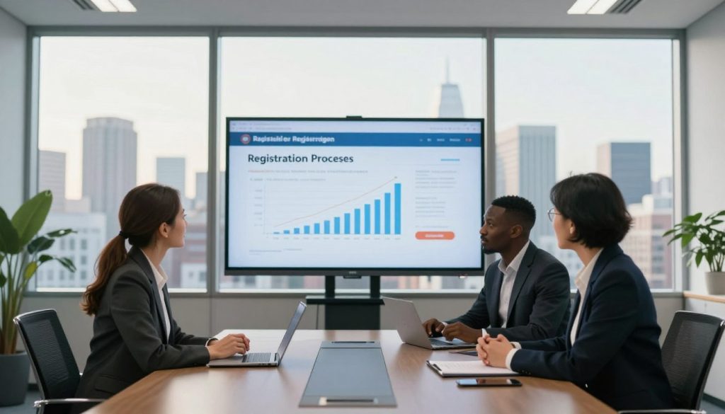 A professional office setting in a large southern city, featuring a sleek, modern conference room. In the foreground, a diverse group of three individuals in business attire - a Caucasian woman, a Black man, and an Asian woman - are engaged in a discussion around a large table. The middle ground showcases a large digital screen displaying a graph or chart related to registration processes. The background includes floor-to-ceiling windows with a view of the city skyline under soft morning sunlight. The lighting is bright and inviting, creating a productive atmosphere. The focus is on collaboration and opportunity, reflecting the theme of accessibility to registration benefits. A professional office setting in a large southern city, featuring a sleek, modern conference room. In the foreground, a diverse group of three individuals in business attire - a Caucasian woman, a Black man, and an Asian woman - are engaged in a discussion around a large table. The middle ground showcases a large digital screen displaying a graph or chart related to registration processes. The background includes floor-to-ceiling windows with a view of the city skyline under soft morning sunlight. The lighting is bright and inviting, creating a productive atmosphere. The focus is on collaboration and opportunity, reflecting the theme of accessibility to registration benefits.