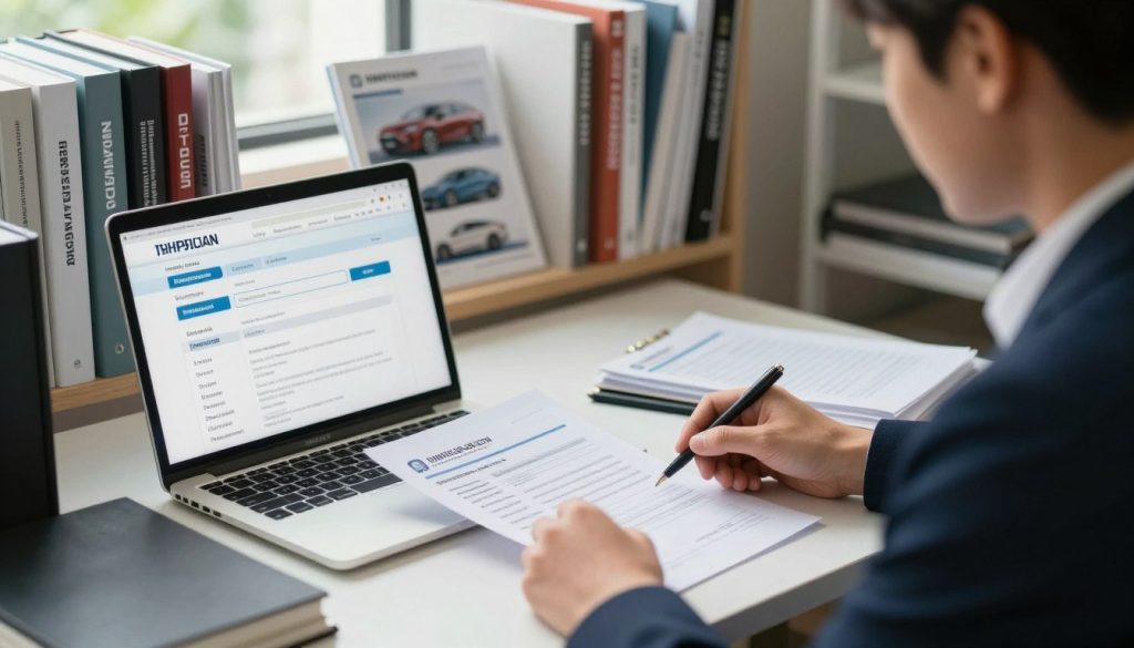 A professional office setting with a focus on vehicle registration. In the foreground, a businessperson in professional attire is seated at a desk, looking intently at a laptop displaying a vehicle registration check webpage. The middle contains paperwork and a vehicle registration document, highlighting important details subtly. The background features shelves filled with automotive books and brochures, suggesting a knowledgeable environment. Natural light filters through the office window, creating a warm and inviting atmosphere. The angle is slightly from above, emphasizing the desk and the registration-related focus. The mood is focused and informative, reflecting the process of verifying vehicle registration efficiently. A professional office setting with a focus on vehicle registration. In the foreground, a businessperson in professional attire is seated at a desk, looking intently at a laptop displaying a vehicle registration check webpage. The middle contains paperwork and a vehicle registration document, highlighting important details subtly. The background features shelves filled with automotive books and brochures, suggesting a knowledgeable environment. Natural light filters through the office window, creating a warm and inviting atmosphere. The angle is slightly from above, emphasizing the desk and the registration-related focus. The mood is focused and informative, reflecting the process of verifying vehicle registration efficiently.