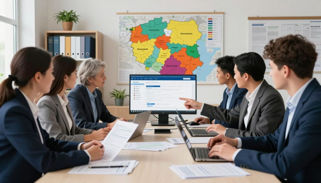 A professional scene depicting the process of vehicle registration in a well-lit office environment. In the foreground, a diverse group of individuals dressed in smart business attire collaborate around a large table covered with registration paperwork, laptops, and car documentation. One of them is pointing at a computer screen displaying an online registration portal. In the middle, a wall-mounted map of regions in Poland highlights counties in vibrant colors, enhancing the context of vehicle registration. The background features a shelf filled with automotive reference books and potted plants, creating a welcoming atmosphere. Soft, natural light filters through large windows, casting gentle shadows, while the mood is focused and productive, reflecting the seriousness of vehicle registration processes. A professional scene depicting the process of vehicle registration in a well-lit office environment. In the foreground, a diverse group of individuals dressed in smart business attire collaborate around a large table covered with registration paperwork, laptops, and car documentation. One of them is pointing at a computer screen displaying an online registration portal. In the middle, a wall-mounted map of regions in Poland highlights counties in vibrant colors, enhancing the context of vehicle registration. The background features a shelf filled with automotive reference books and potted plants, creating a welcoming atmosphere. Soft, natural light filters through large windows, casting gentle shadows, while the mood is focused and productive, reflecting the seriousness of vehicle registration processes.