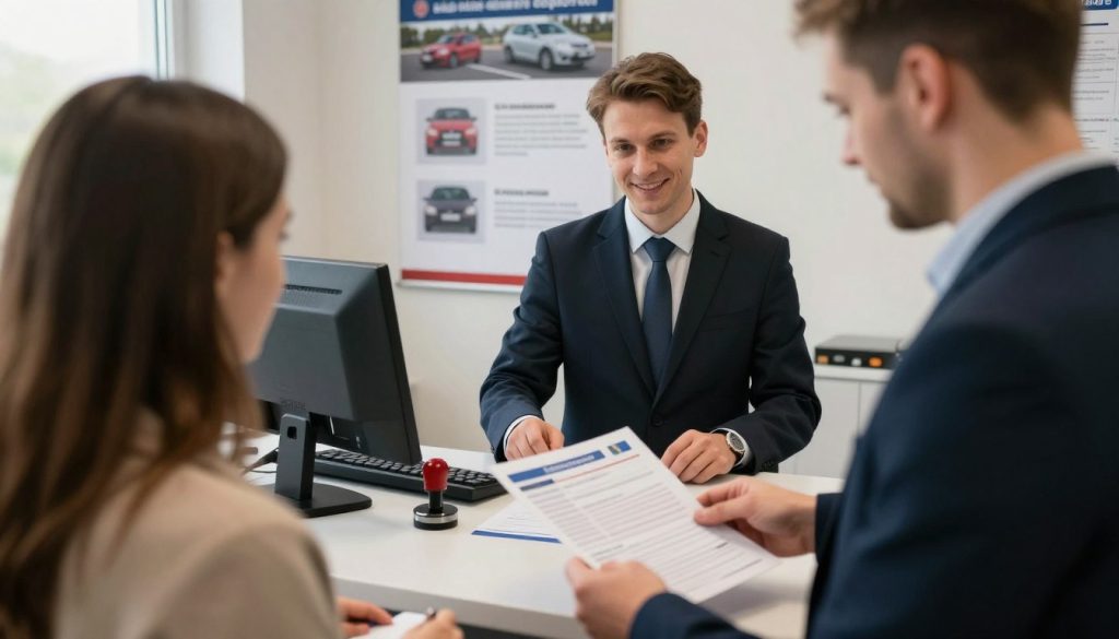A professional setting depicting the vehicle registration process in Poland. In the foreground, a friendly government official in business attire assists a car owner, who is holding registration documents. The middle layer shows a counter with registration forms, a computer, and official stamps, creating a bureaucratic atmosphere. In the background, a large poster depicting the steps of vehicle registration is displayed on the wall. Soft, natural lighting from a nearby window illuminates the scene, producing a warm and inviting ambiance. The angle captures a dynamic perspective, making the viewer feel engaged in the process. The overall mood is informative and professional, reflecting the importance of vehicle registration in Poland without any text or annotations. A professional setting depicting the vehicle registration process in Poland. In the foreground, a friendly government official in business attire assists a car owner, who is holding registration documents. The middle layer shows a counter with registration forms, a computer, and official stamps, creating a bureaucratic atmosphere. In the background, a large poster depicting the steps of vehicle registration is displayed on the wall. Soft, natural lighting from a nearby window illuminates the scene, producing a warm and inviting ambiance. The angle captures a dynamic perspective, making the viewer feel engaged in the process. The overall mood is informative and professional, reflecting the importance of vehicle registration in Poland without any text or annotations.