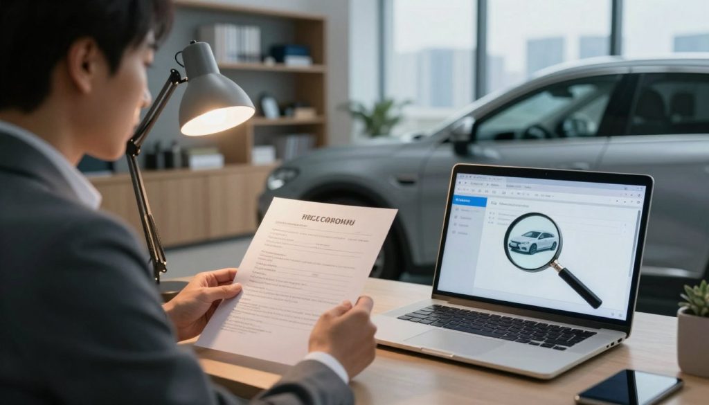A professional setting showcasing a vehicle verification process. In the foreground, a business professional wearing formal attire examines a vehicle registration document illuminated by soft, warm lighting from a nearby desk lamp. In the middle, a detailed vehicle, preferably a car, parked against a backdrop of a modern office environment with a large window revealing a city skyline. A laptop displaying a vehicle database and a magnifying glass are also present, indicating the verification process. In the background, shelves filled with automotive books and tools, creating a knowledgeable atmosphere. The mood is focused and diligent, with a hint of urgency, suggesting the importance of verifying vehicle origin. The angle is slightly elevated, capturing both the professional and the vehicle in detail, inviting viewers into the narrative. A professional setting showcasing a vehicle verification process. In the foreground, a business professional wearing formal attire examines a vehicle registration document illuminated by soft, warm lighting from a nearby desk lamp. In the middle, a detailed vehicle, preferably a car, parked against a backdrop of a modern office environment with a large window revealing a city skyline. A laptop displaying a vehicle database and a magnifying glass are also present, indicating the verification process. In the background, shelves filled with automotive books and tools, creating a knowledgeable atmosphere. The mood is focused and diligent, with a hint of urgency, suggesting the importance of verifying vehicle origin. The angle is slightly elevated, capturing both the professional and the vehicle in detail, inviting viewers into the narrative.