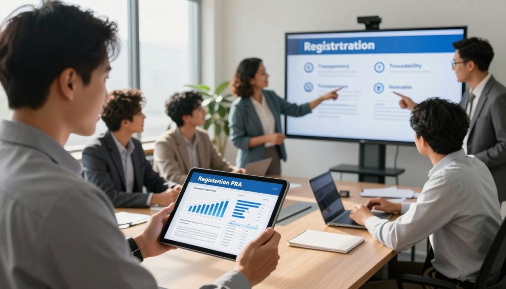 A visually engaging and informative scene showcasing the benefits of registering PRA. In the foreground, a professional individual in business attire is examining a digital tablet featuring graphs and registration data. In the middle ground, a group of diverse professionals in a well-lit office setting is engaged in discussion, pointing at a large screen displaying key benefits of registration such as transparency, traceability, and legitimacy. The background includes a modern office environment with large windows allowing natural light to flood in, casting soft shadows. The atmosphere is collaborative and optimistic, emphasizing the positive outcomes of PRA registration. Capture the moment from a slightly elevated angle to provide an overview of the interactions, ensuring clarity and focus on the subject matter while instilling a sense of professionalism. A visually engaging and informative scene showcasing the benefits of registering PRA. In the foreground, a professional individual in business attire is examining a digital tablet featuring graphs and registration data. In the middle ground, a group of diverse professionals in a well-lit office setting is engaged in discussion, pointing at a large screen displaying key benefits of registration such as transparency, traceability, and legitimacy. The background includes a modern office environment with large windows allowing natural light to flood in, casting soft shadows. The atmosphere is collaborative and optimistic, emphasizing the positive outcomes of PRA registration. Capture the moment from a slightly elevated angle to provide an overview of the interactions, ensuring clarity and focus on the subject matter while instilling a sense of professionalism.