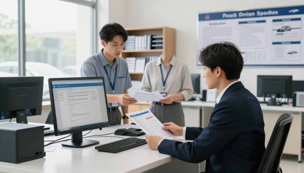 A busy vehicle registration office scene, featuring a professional in business attire sitting at a modern desk, engaged in the process of registering a vehicle. The office is well-lit with natural light streaming through large windows, creating a bright and inviting atmosphere. In the foreground, a computer screen displays forms and details related to vehicle registration. In the middle, a registry officer is assisting a customer, who is holding vehicle documents and looking attentive. The background shows shelves filled with vehicle manuals and registration guidelines, along with a large bulletin board outlining the registration process. The overall mood is one of efficiency and professionalism, capturing the essence of the vehicle registration experience.