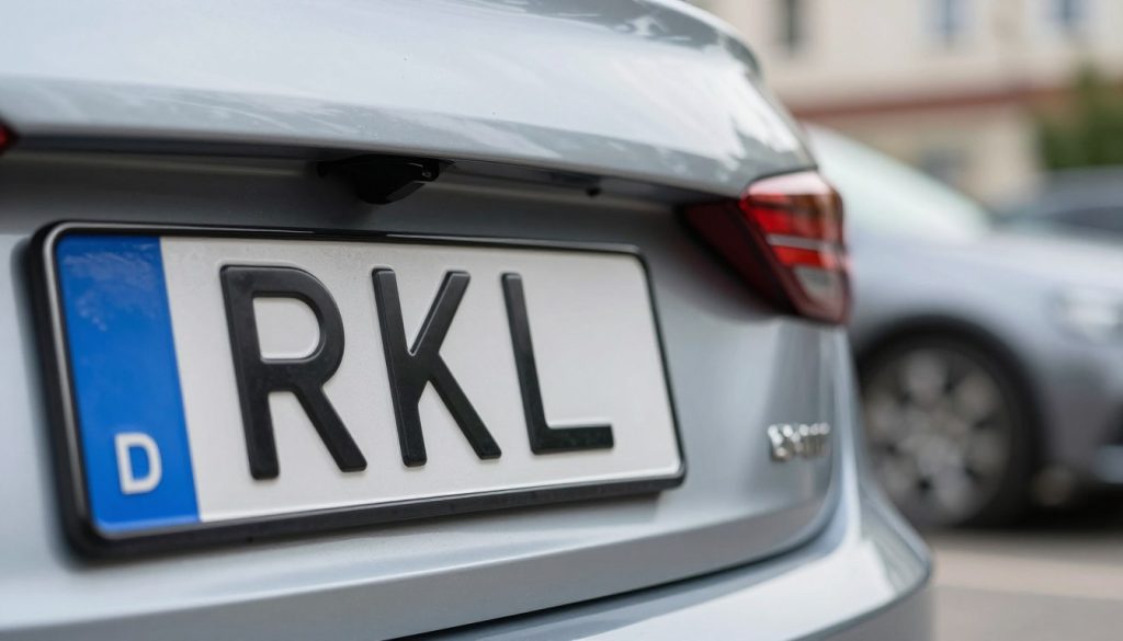 A close-up of a Polish vehicle registration plate labeled "RKL," prominently displayed and clearly legible. The foreground features the registration plate with a glossy finish, showcasing vibrant colors typical of Polish plates. In the middle ground, a sleek, modern car is partially visible, subtly hinting at its identity without fully revealing it—perhaps a sedan or compact car positioned at a slight angle. The background consists of a blurred urban environment, suggesting an outdoor setting with soft bokeh effects, enhancing the focus on the registration plate. Natural daylight casts soft highlights on the plate, creating a professional and informative atmosphere. The overall mood is neutral and educational, perfect for illustrating vehicle identification. A close-up of a Polish vehicle registration plate labeled "RKL," prominently displayed and clearly legible. The foreground features the registration plate with a glossy finish, showcasing vibrant colors typical of Polish plates. In the middle ground, a sleek, modern car is partially visible, subtly hinting at its identity without fully revealing it—perhaps a sedan or compact car positioned at a slight angle. The background consists of a blurred urban environment, suggesting an outdoor setting with soft bokeh effects, enhancing the focus on the registration plate. Natural daylight casts soft highlights on the plate, creating a professional and informative atmosphere. The overall mood is neutral and educational, perfect for illustrating vehicle identification.