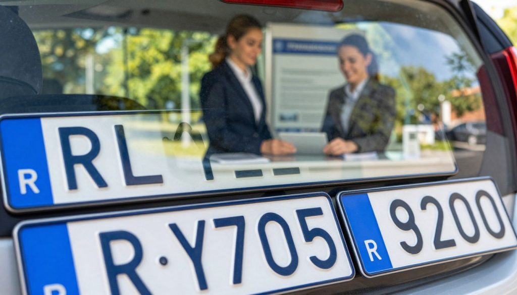 A close-up view of Polish vehicle registration plates, highlighting the distinctive blue background and white lettering. The foreground features several license plates arranged neatly, showcasing various regional codes and a mock RLR plate for visual interest. In the middle, a blurred image of a modern vehicle registration office with a friendly clerk assisting a customer, dressed in professional business attire. The background includes a sunny day outside, with lush greenery visible through the office window. Soft, natural lighting creates a welcoming atmosphere, emphasizing the process of vehicle registration in Poland. The angle is slightly tilted, giving a dynamic perspective that leads the viewer's eye through the scene. No text, watermarks, or overlays. A close-up view of Polish vehicle registration plates, highlighting the distinctive blue background and white lettering. The foreground features several license plates arranged neatly, showcasing various regional codes and a mock RLR plate for visual interest. In the middle, a blurred image of a modern vehicle registration office with a friendly clerk assisting a customer, dressed in professional business attire. The background includes a sunny day outside, with lush greenery visible through the office window. Soft, natural lighting creates a welcoming atmosphere, emphasizing the process of vehicle registration in Poland. The angle is slightly tilted, giving a dynamic perspective that leads the viewer's eye through the scene. No text, watermarks, or overlays.